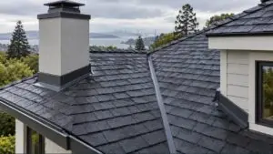Shingle roof with chimney, valley and flashing around a dormer after rain