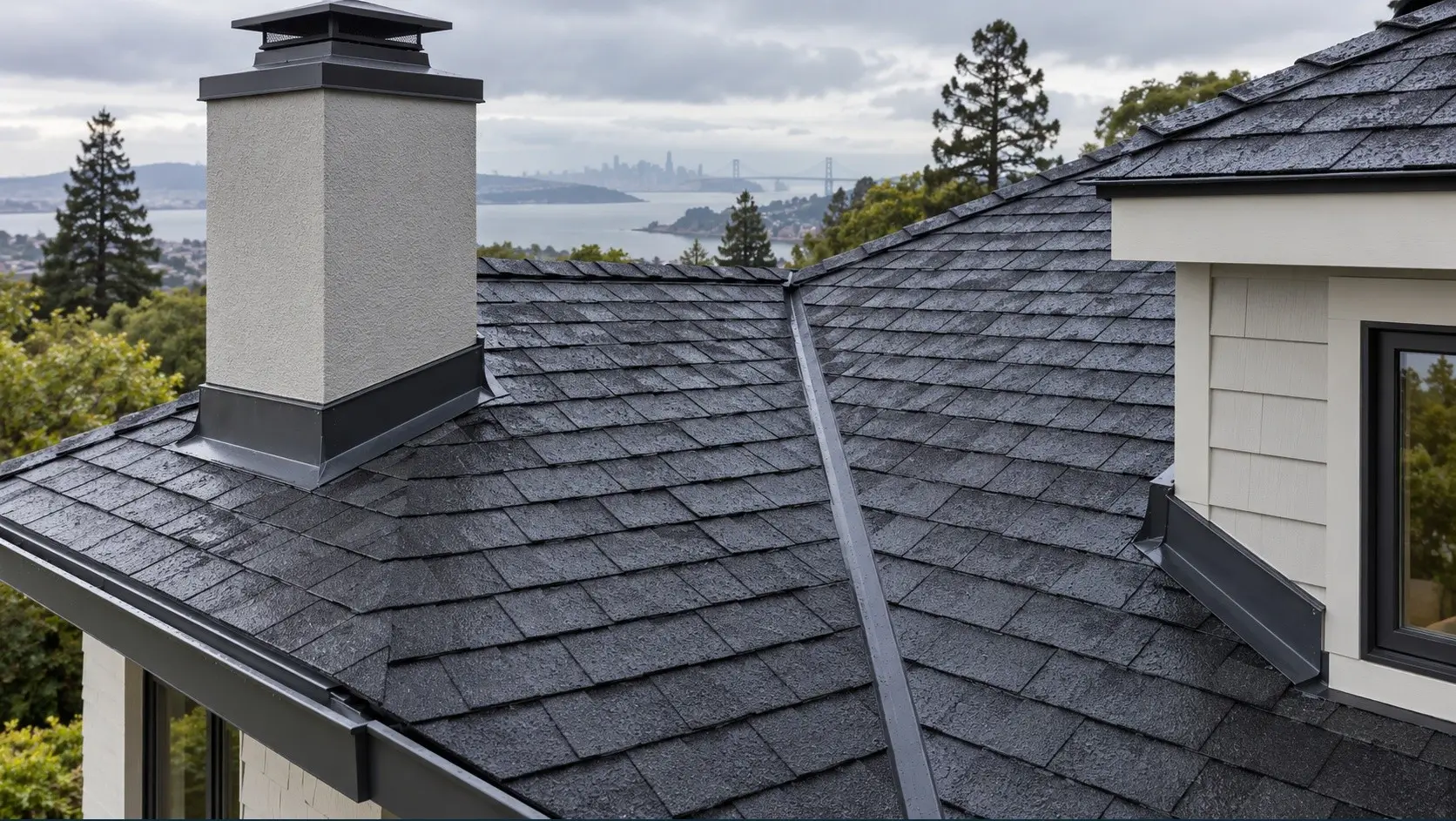 Shingle roof with chimney, valley and flashing around a dormer after rain