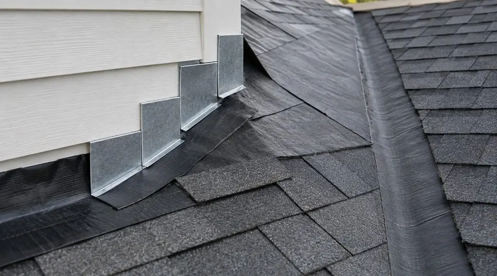 Step flashing and underlayment where a shingle roof meets a sided wall at a valley