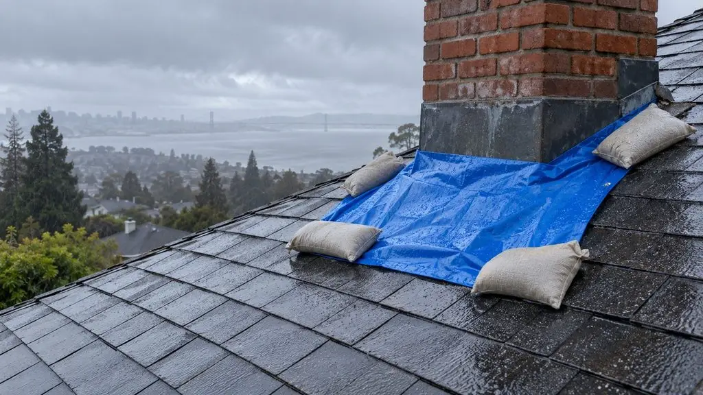 Blue tarp held with sandbags at the base of a brick chimney on a wet shingle roof
