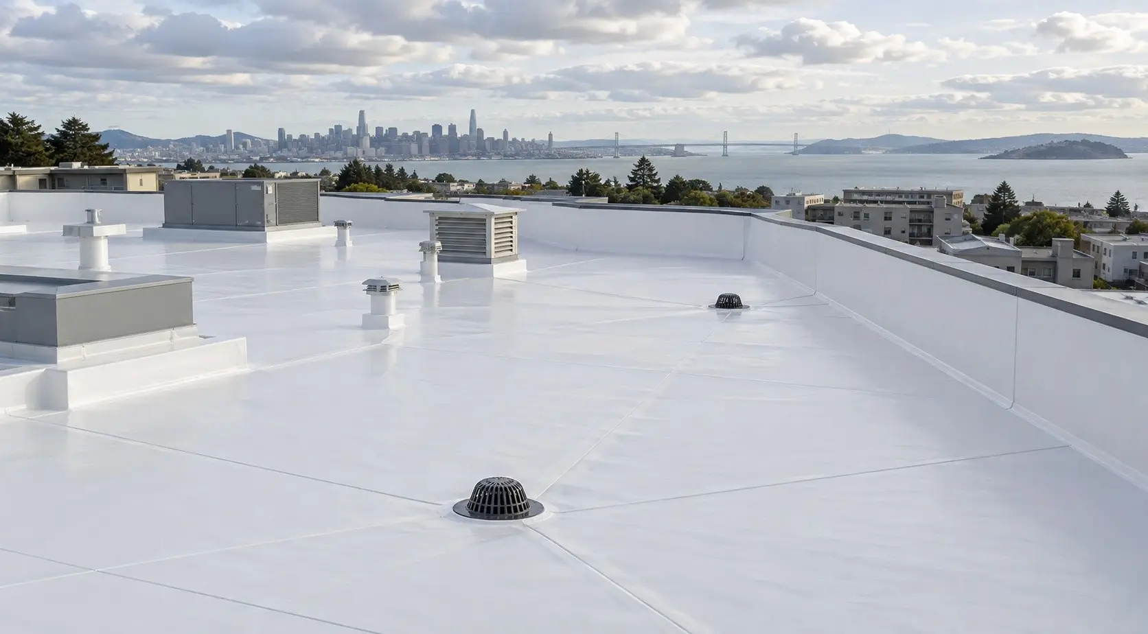 Large white membrane flat roof with roof drains and rooftop equipment overlooking San Francisco