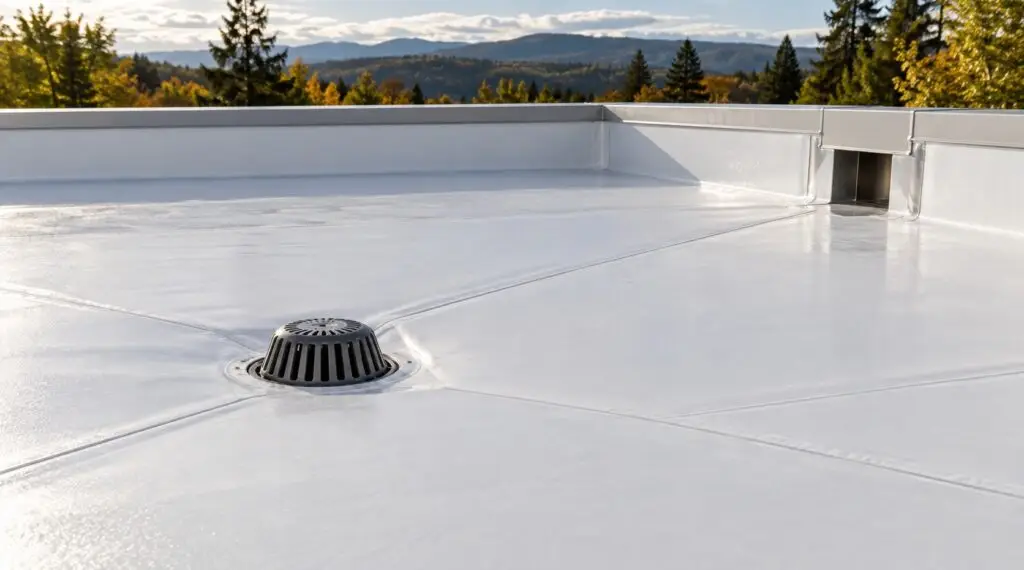 White single-ply flat roof with a roof drain, seams and a parapet scupper