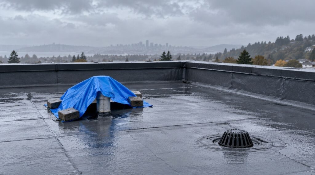 Wet flat roof with a roof drain and a blue tarp over a rooftop penetration