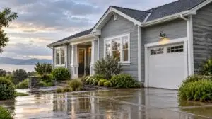 Single-story home with gray lap siding and a white garage door on a wet driveway