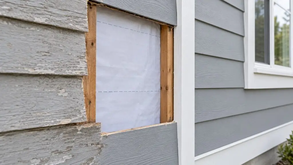 Weathered siding removed to show the weather-resistive barrier beside new gray lap siding