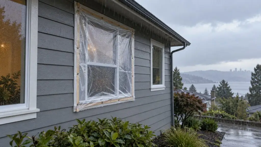 Window covered with plastic sheeting on a gray-sided home in the rain