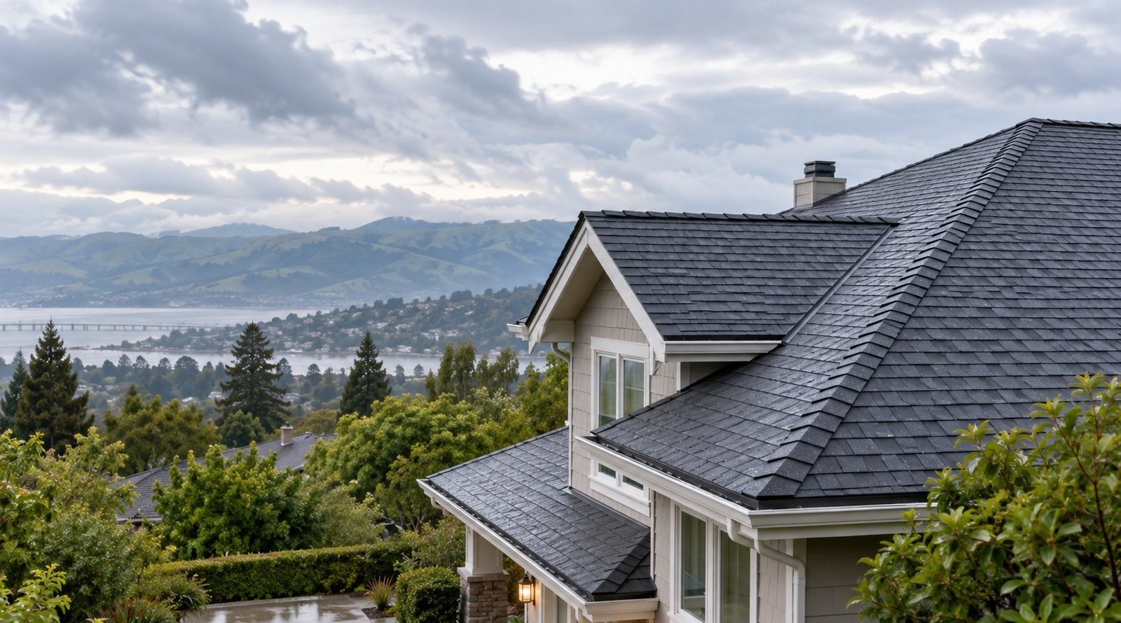 Dark shingle roof on a hillside home overlooking the bay under cloudy skies