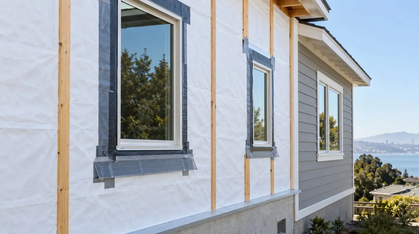 Exterior wall with weather-resistive barrier, window flashing and furring strips before new siding