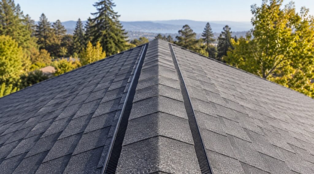 Roof ridge with new asphalt shingles and a ridge vent