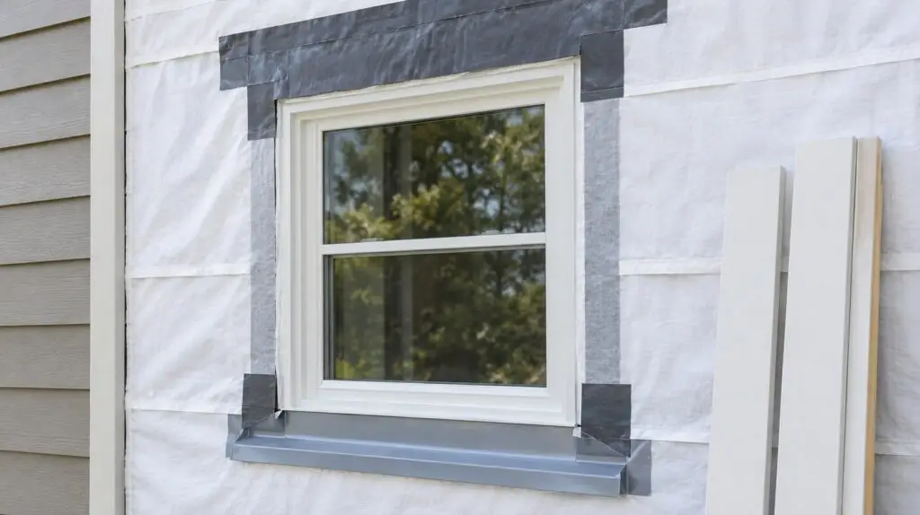 Window with flashing tape and sill flashing on house wrap next to new siding and trim boards