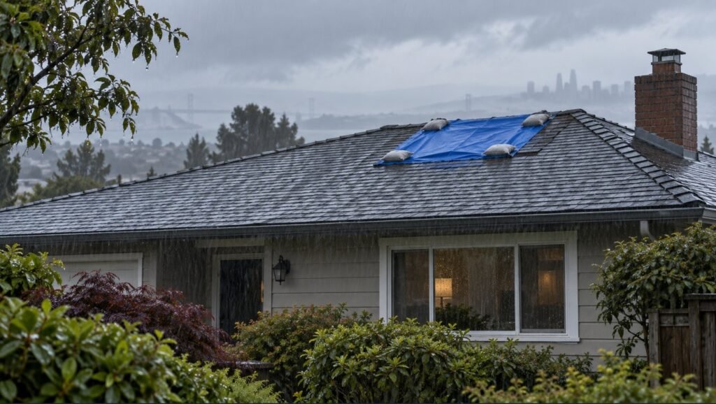 Single-story home with a blue tarp on the shingle roof near the chimney in the rain