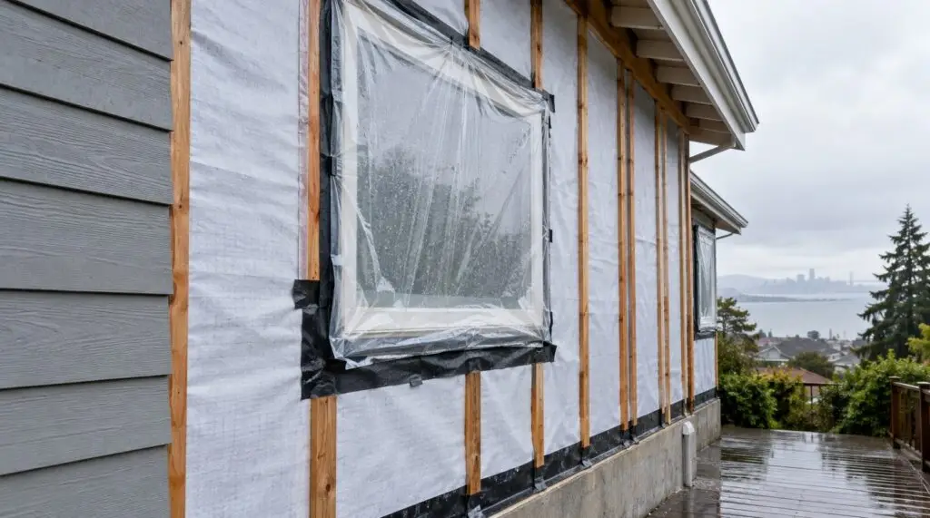 Wall with house wrap and a plastic-covered window in the rain before siding installation