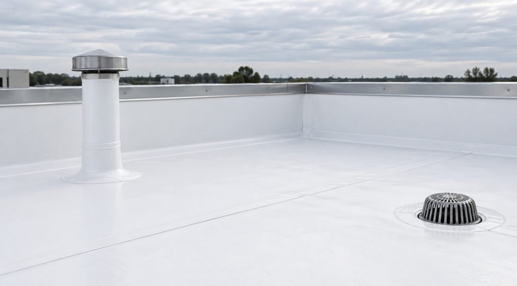 White low-slope roof membrane with a pipe vent and roof drain