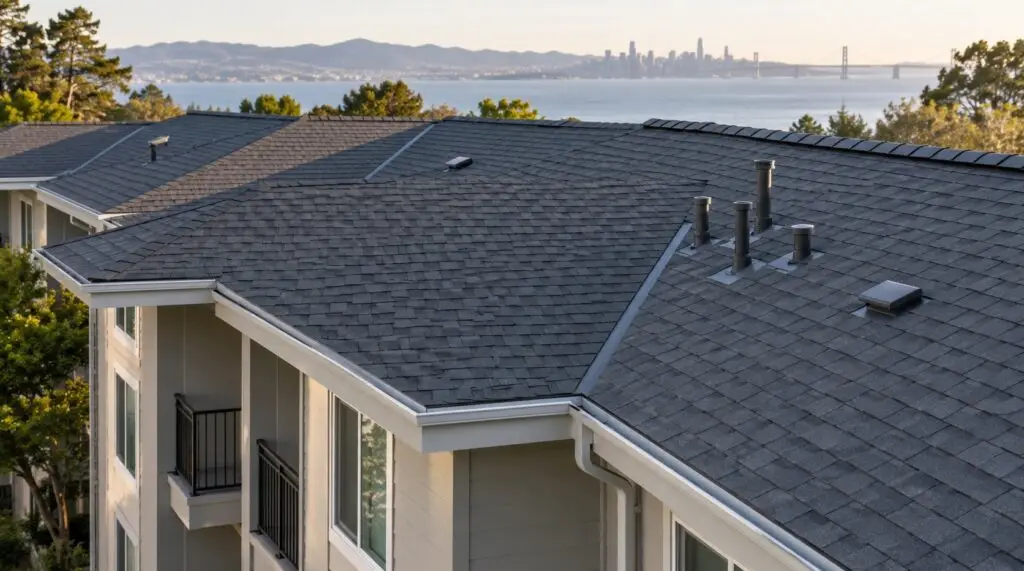 Shingle roof with vents on a multi-unit building overlooking the bay