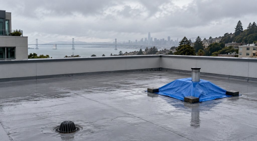 Wet flat roof with a parapet, roof drain and a blue tarp over a rooftop penetration