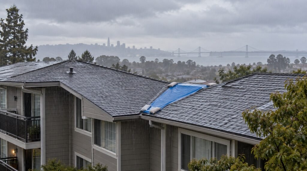 Multi-unit building roof with a blue tarp in rainy weather